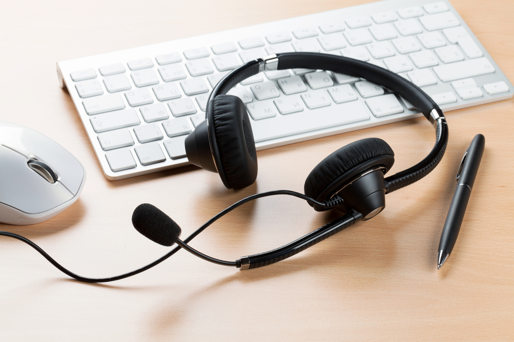 Office Desk with Headset. Call Center